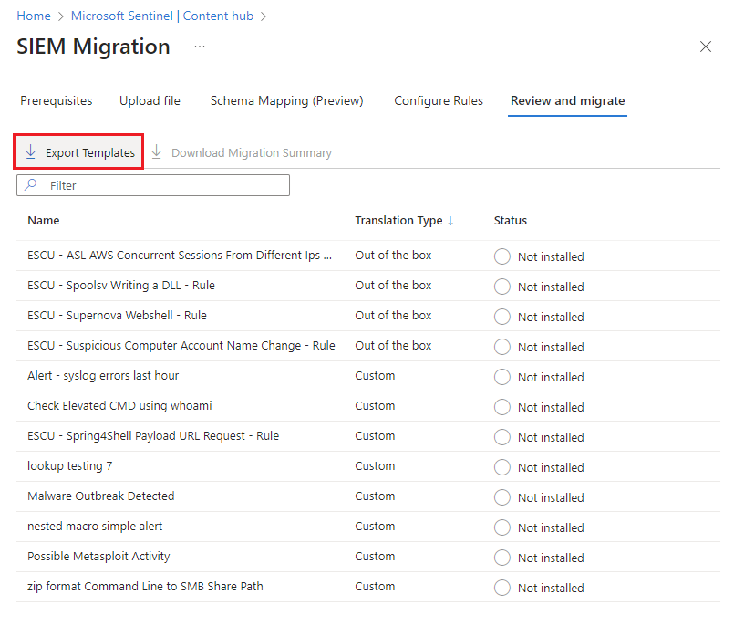 Screenshot showing the Review and Migrate tab highlighting the Export Templates button.