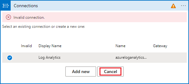 Screenshot of second invalid Log Analytics connection configuration.