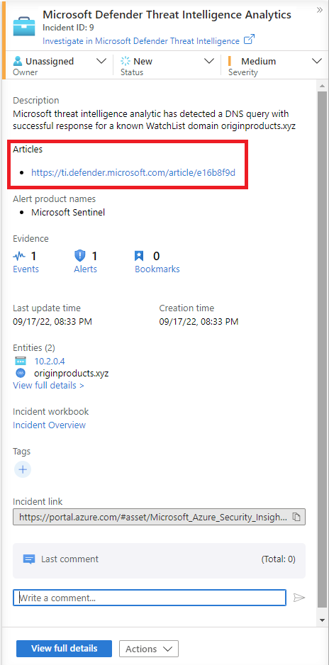 Screenshot that shows an incident with a link to the Microsoft Defender Threat Intelligence reference article.