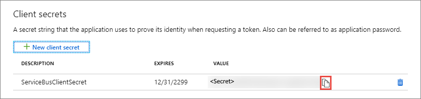 Screenshot showing the Client secrets section with the secret you added.