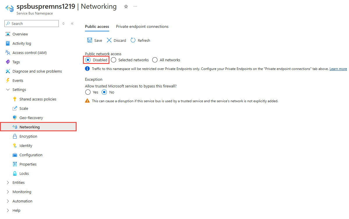 Screenshot of the Networking page with public network access as Disabled.