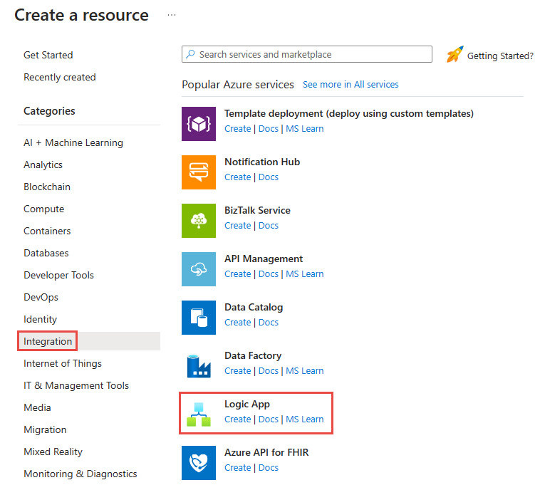 Screenshot that shows the Create a resource -> Integration -> Logic app menu.