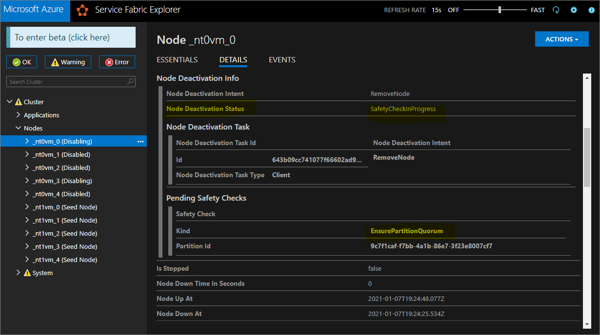 You can proceed with stopping data and removing nodes stuck in 'Disabling' status if they show a pending safety check of kind 'EnsurePartitionQuorum'.