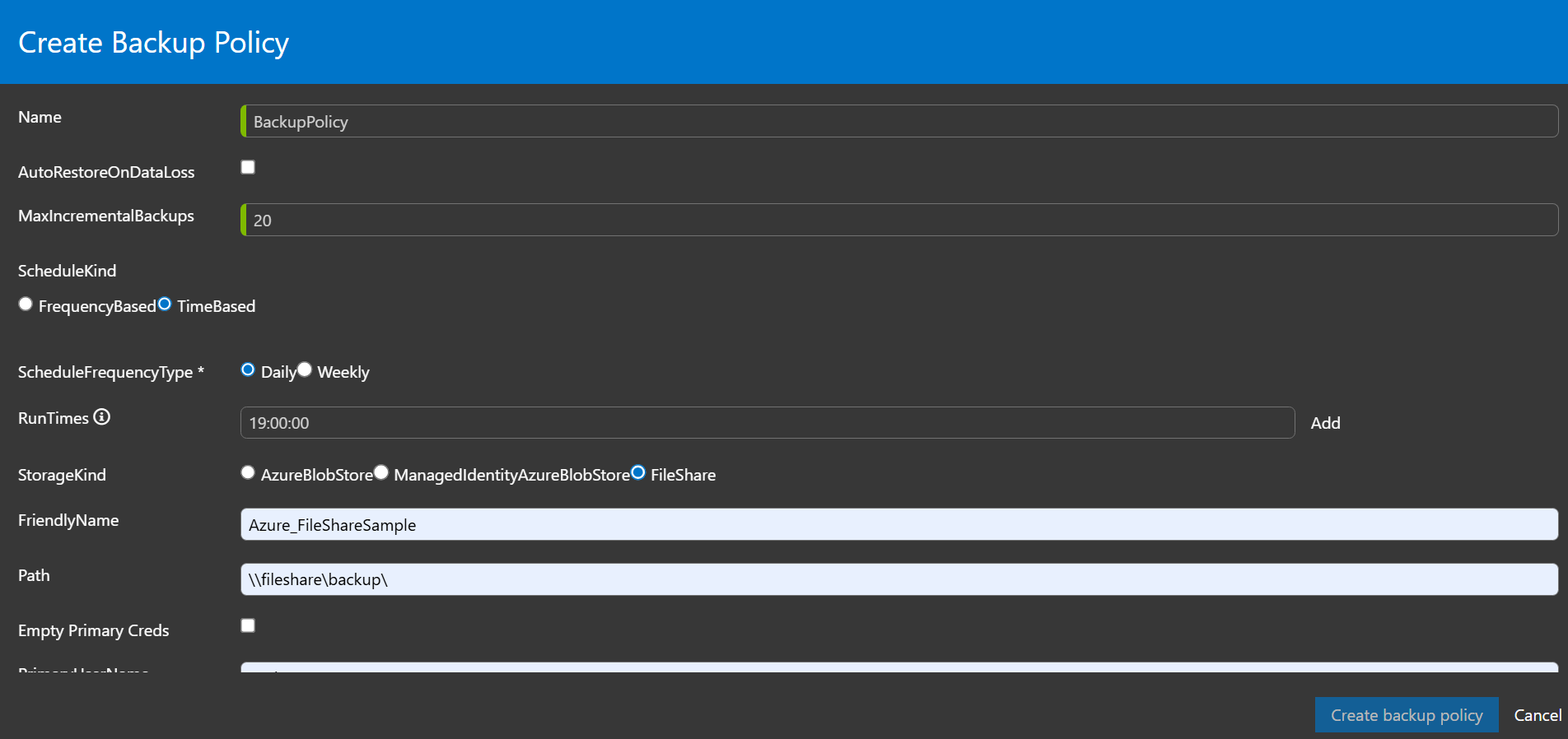 Create Backup Policy FileShare