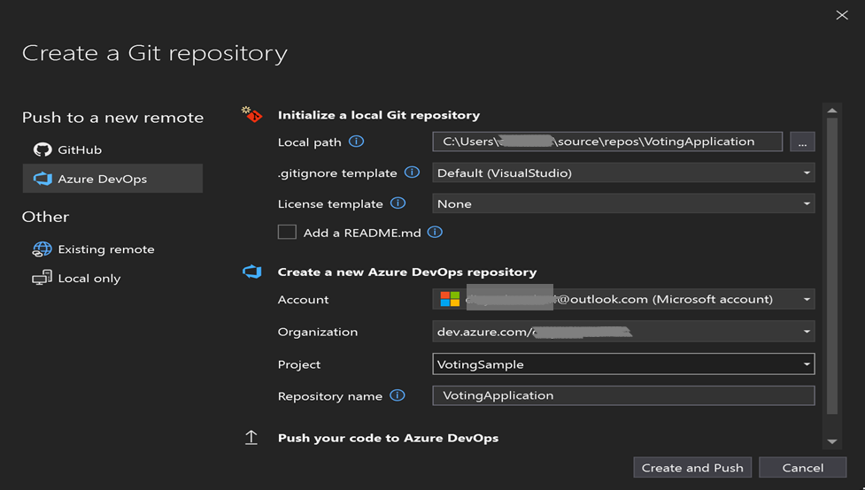 Screenshot that shows creating a new Git repository.