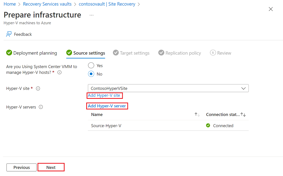 Screenshot that shows the Source settings pane with links to add a Hyper-V site and servers highlighted.