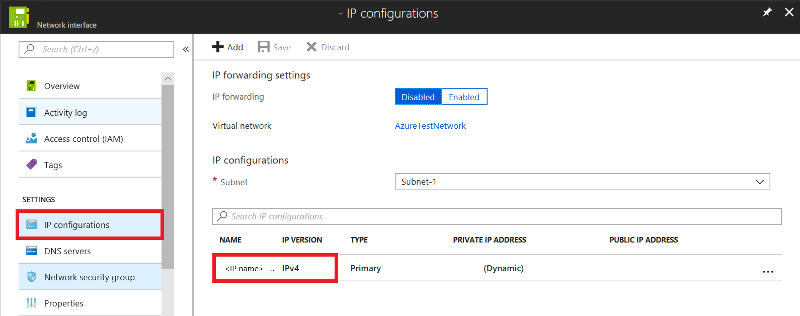 Screenshot shows the I P configurations page for the network interface with the I P configuration name selected.