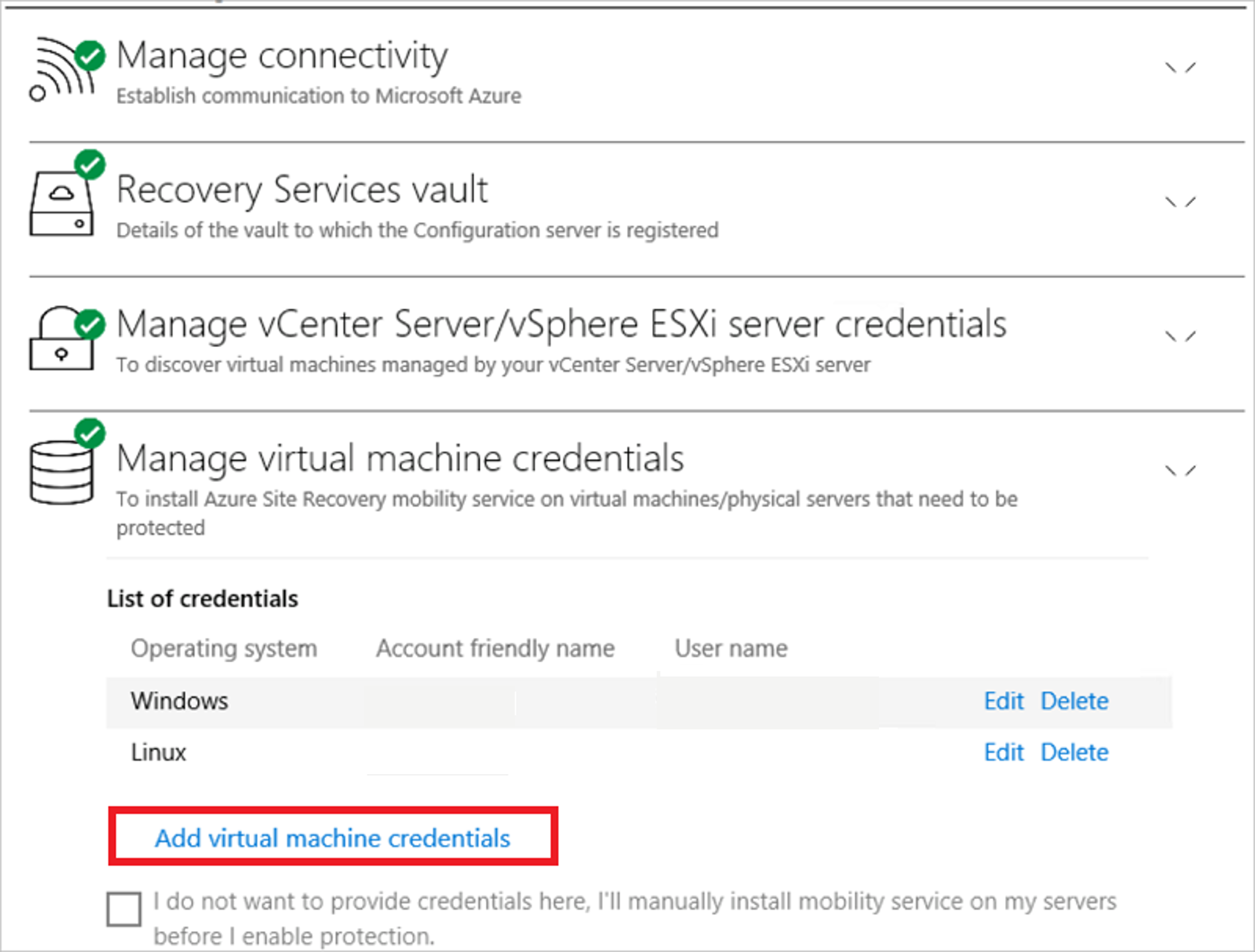 Screenshot shows Manage virtual machine credentials pane with the Add virtual machine credentials link.