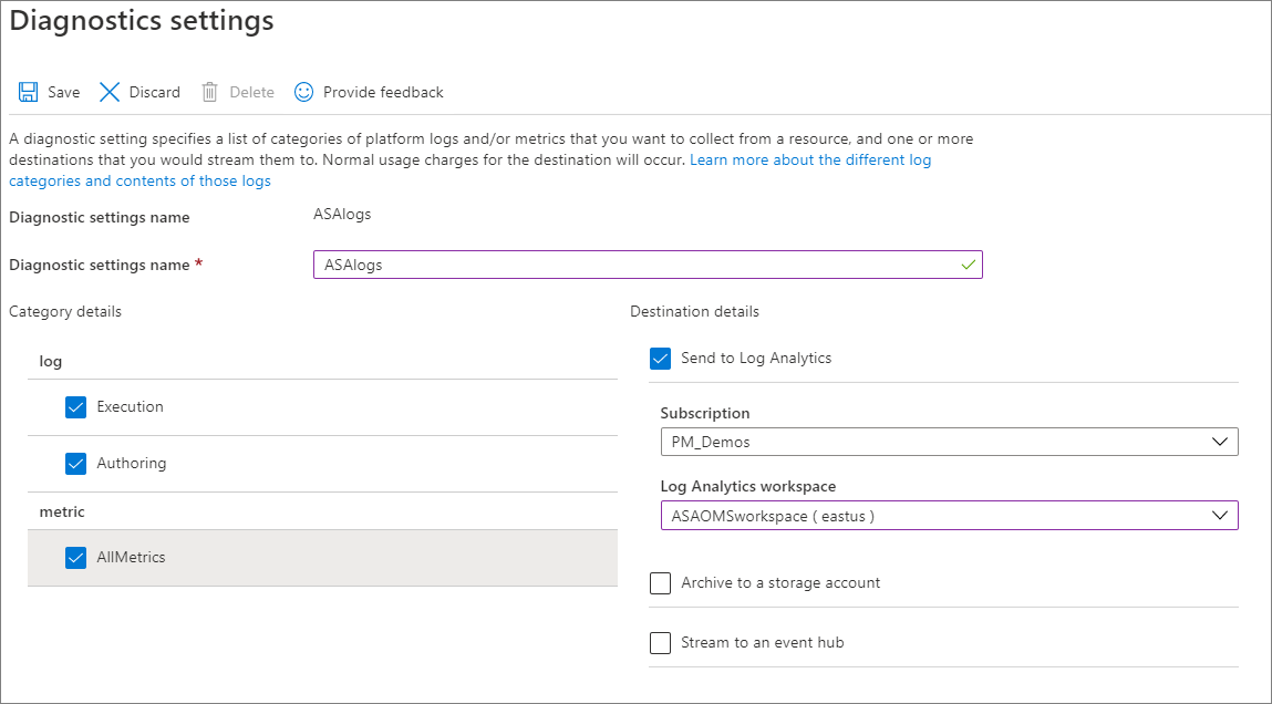 Settings for resources logs