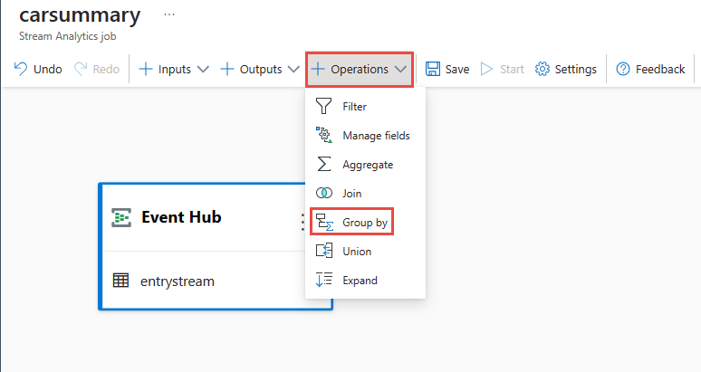 Screenshot showing the Operations menu with Group by selected on the command bar.