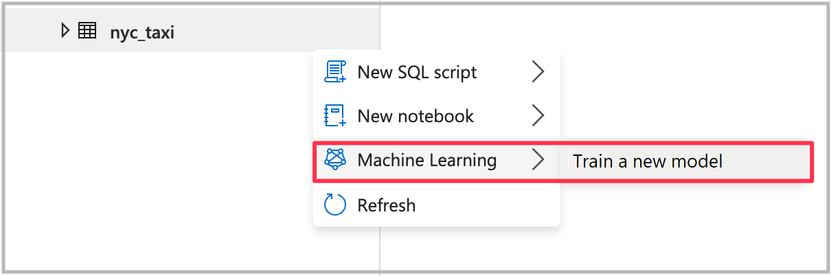 Screenshot of the Spark table, with Machine Learning and Train a new model highlighted.