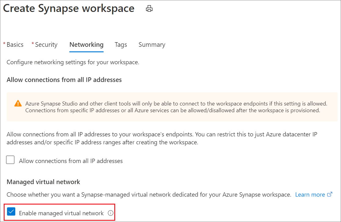 Screenshot of Create Synapse workspace, with Enable managed virtual network option highlighted.