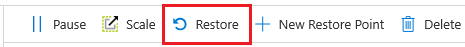 Screenshot from the Azure portal, the Overview page navigation bar of a SQL pool, the Restore button is highlighted.