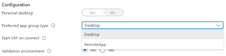 A screenshot showing the preferred app group type drop-down list from the host pool properties in the Azure portal.