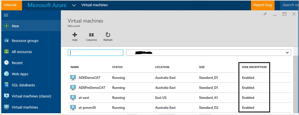 Azure portal - Disk Encryption Enabled