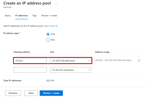 Screenshot of IP address range settings for a root pool.