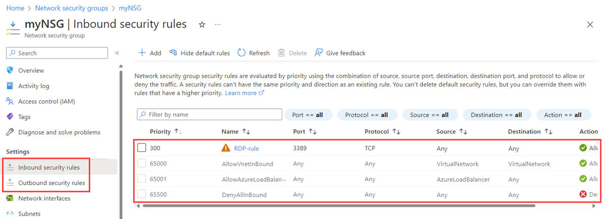 Screenshot that shows inbound security rules of a network security group in the Azure portal.