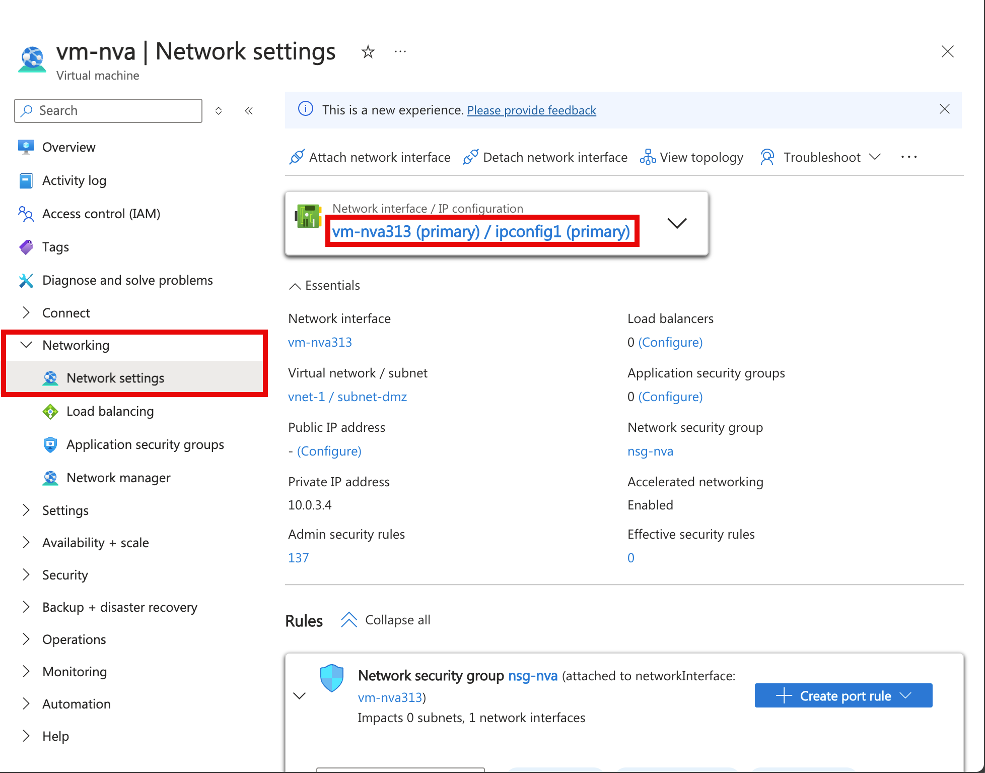 Screenshot of network interface of NVA virtual machine.