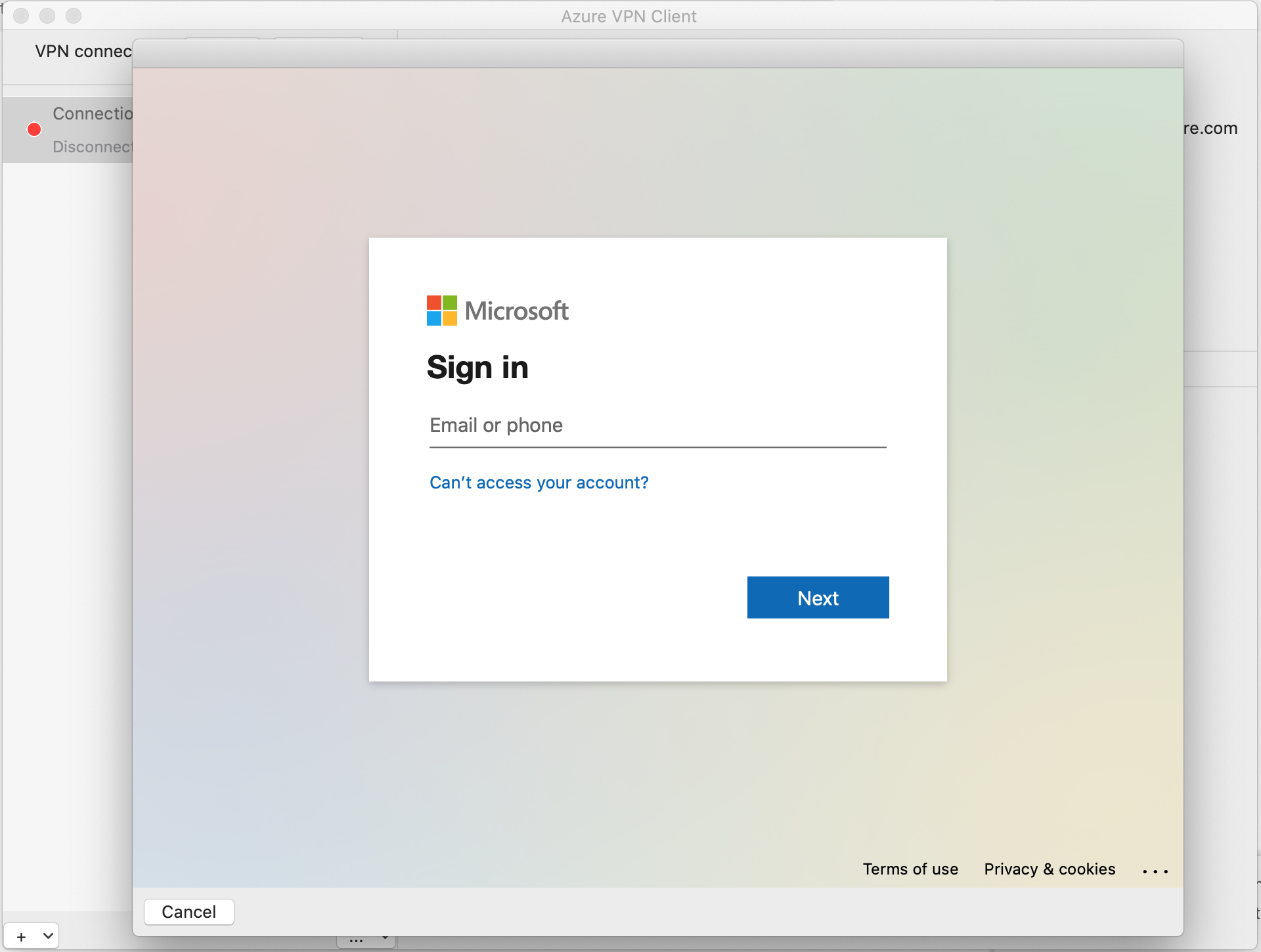 Screenshot of Azure VPN Client sign in to connect.