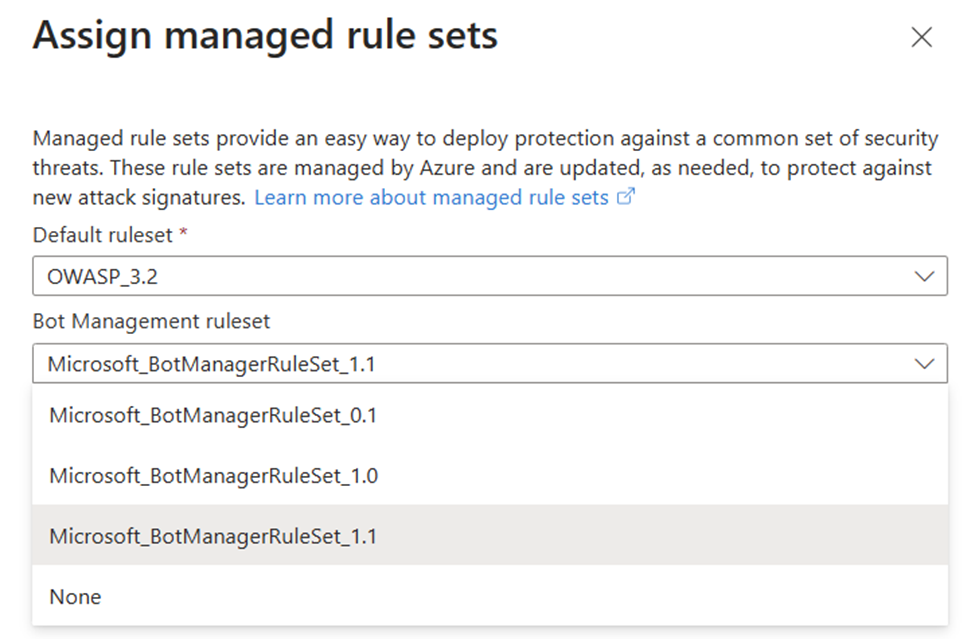 Screenshot show WAF managed rule sets.