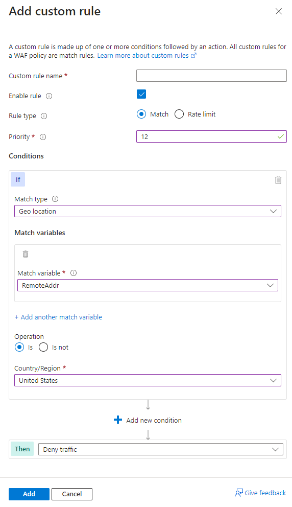 Screenshot showing the application gateway add custom rule screen.