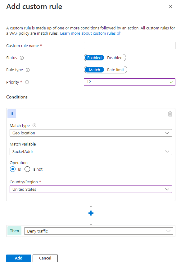 Screenshot showing the front door add custom rule screen.