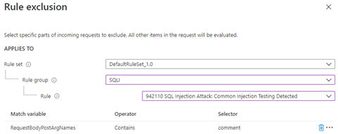 Screenshot that shows rule exclusion for a specific rule.