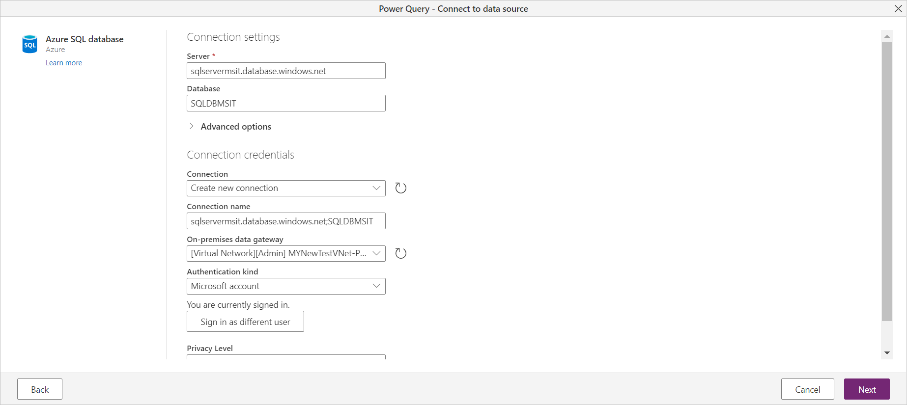 Screenshot showing the Power Query connect to data source dialog box with the VNet data gateway name selected, the user signed in, and ready to select the Next button.