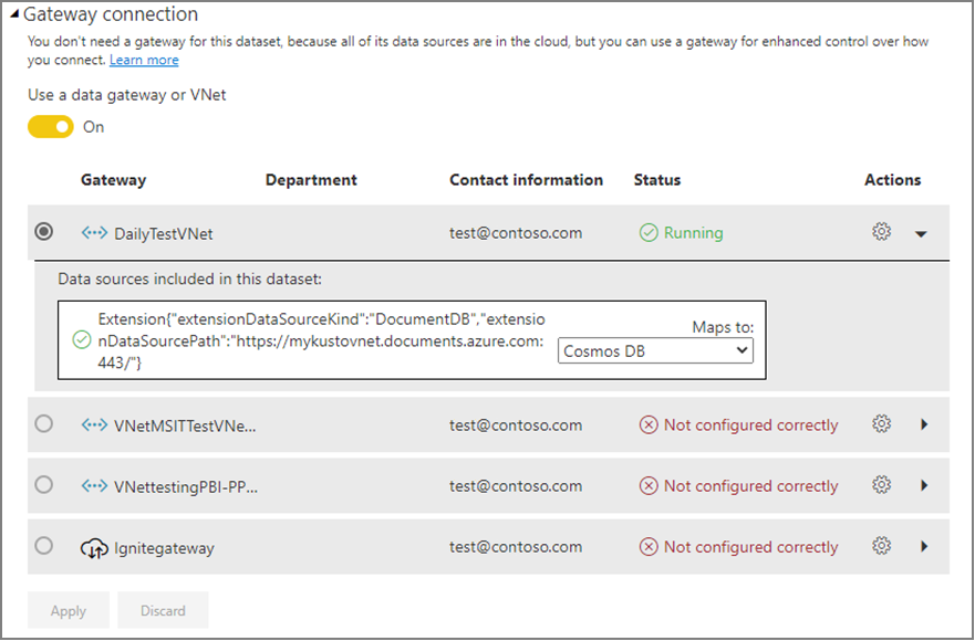 Screenshot of the Gateway connection showing the data sources included in the semantic model.