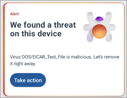 Screenshot showing a recommendation to take action on a detected threat.