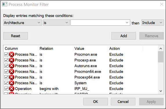 Screenshot showing the page where System Exclude is chosen as the Filter out Process Name.