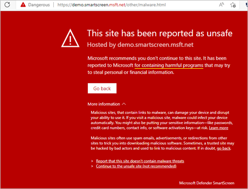 SmartScreen alerts the user that the site is know for containing harmful programs