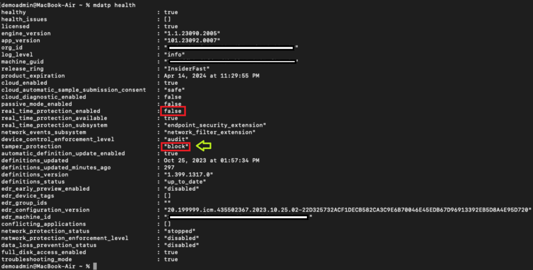 Screnshot displaying the screenshot of the output report of mdatp health running.