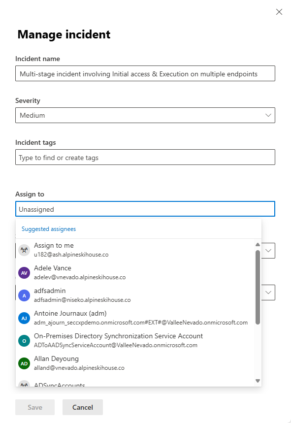 Screenshot showing how to assign an owner in the Manage incident pane in the Microsoft Defender portal.