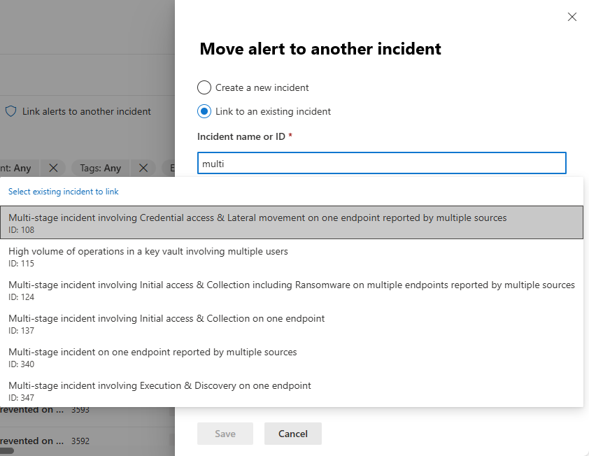 Screenshot of selecting an existing incident to move an alert to.