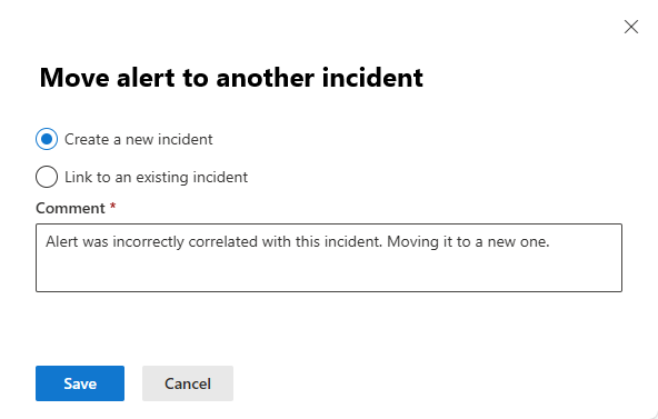 Screenshot of selecting a new incident to move an alert to.