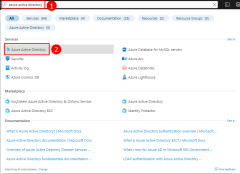 A screenshot showing how to use the top search bar in the Azure portal to search for and navigate to the Microsoft Entra ID page.