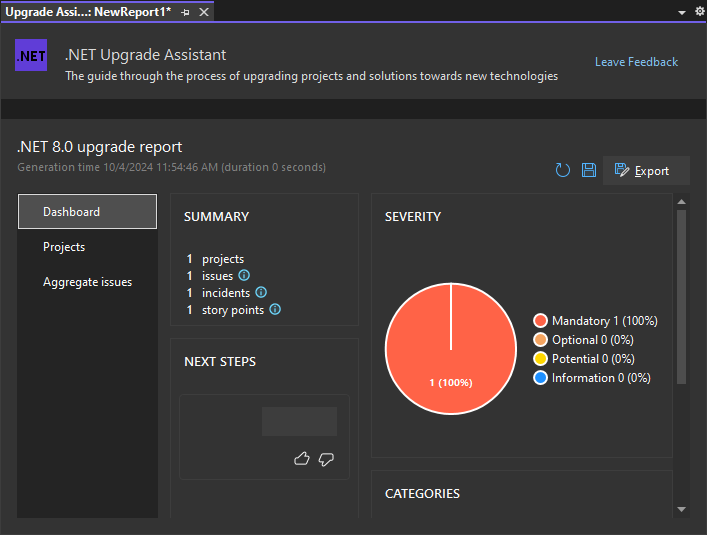 The .NET Upgrade Assistant Analyze wizard showing a report dashboard that contains the results from the analysis.