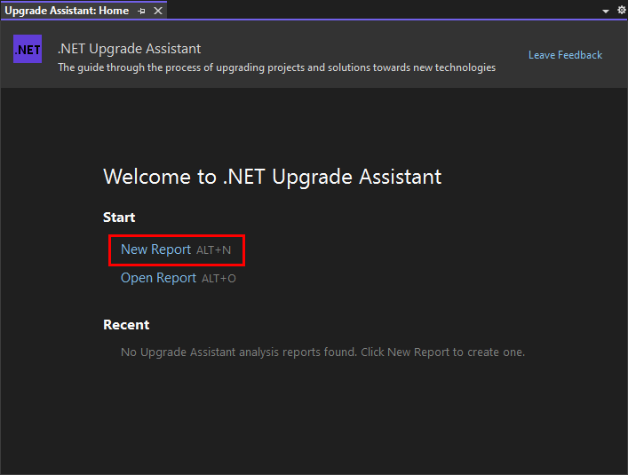 The .NET Upgrade Assistant Analyze wizard's welcome page in Visual Studio. The 'New Report' link is highlighted.