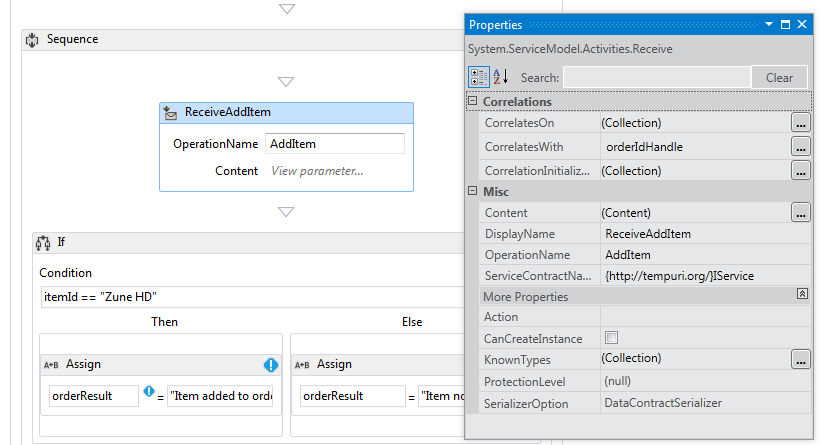 Set the Receive activity properties