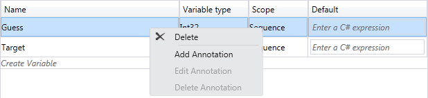 Variable and Argument Designer Context Menu