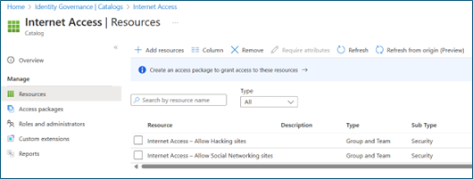 Screenshot of Identity Governance, Internet Access, Resources.