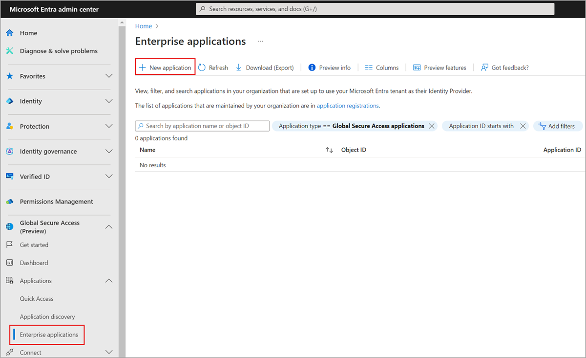 Screenshot of Enterprise applications showing New application control.