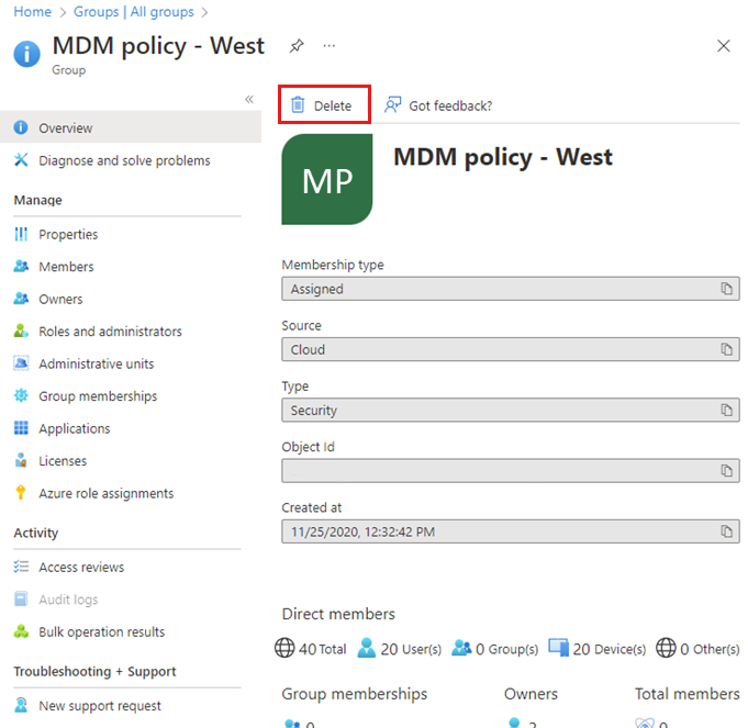 Screenshot of the MDM policy – West Overview page with Delete link highlighted.