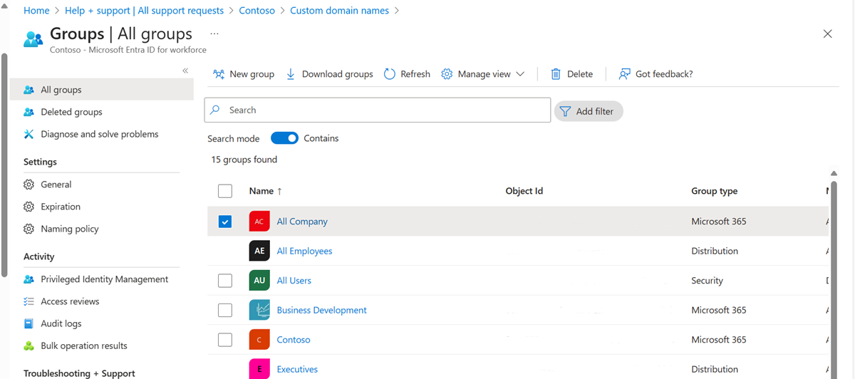 Screenshot of the 'Groups-All groups' page, showing all existing groups.