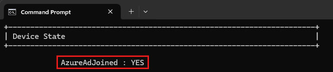 Screenshot of the Command Prompt with the Device State, AzureAdJoined : Yes, highlighted.