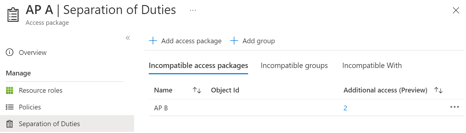 Screenshot of an access package marked as incompatible with existing access assignments.