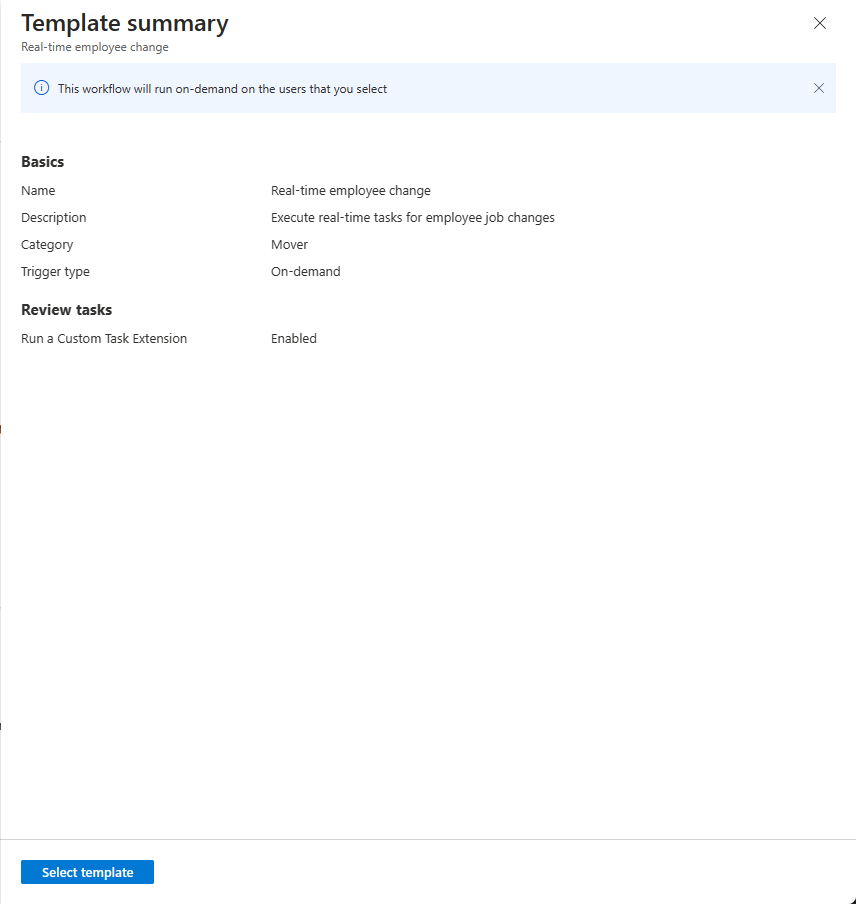 Screenshot of a Lifecycle Workflow real time employee change template.