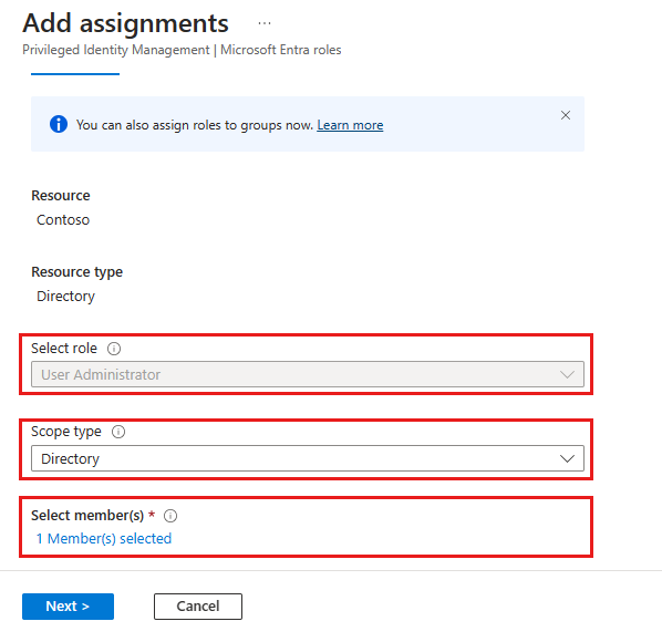 Screenshot showing when a role supports scope, you can select a scope.