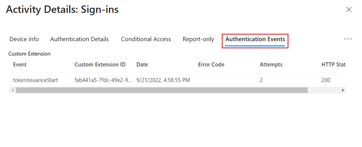 Screenshot that shows the authentication events information.